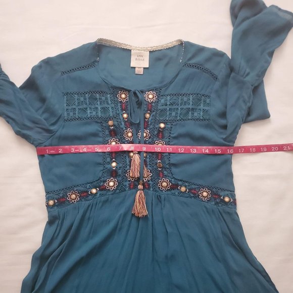 Knox Rose Womens XS Boho Top Lg Bell Sleeve Embroidered W/ Tassels Blue Green - Picture 12 of 13